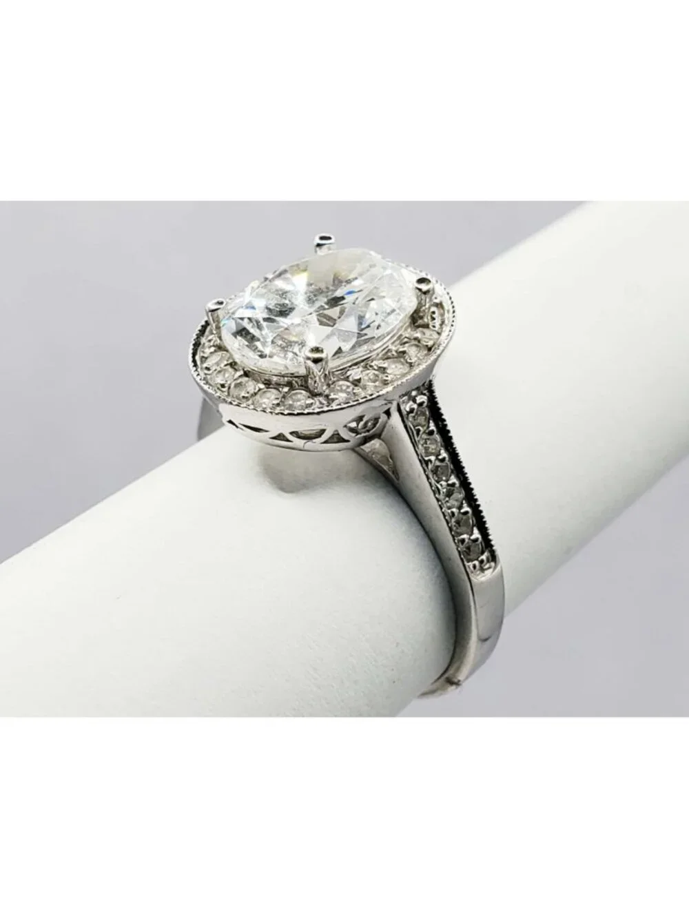Oval CZ Halo Ring with Accents 14k White Gold Size 6